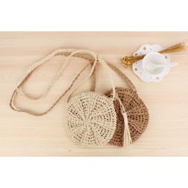 Faletony Summer Round Straw Shoulder Bag, Beach Bag, Straw Bag, Crossbody Beach Bag for Women, Girls, Khaki/White, White, White round straw bag with tassel design