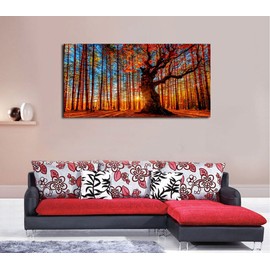 Canvas Wall Art Red Trees Forest Sunset Panoramic Fall Scenery Painting - Long Canvas Artwork Contemporary Nature Picture for Home Office Wall Decor 20" x 40"