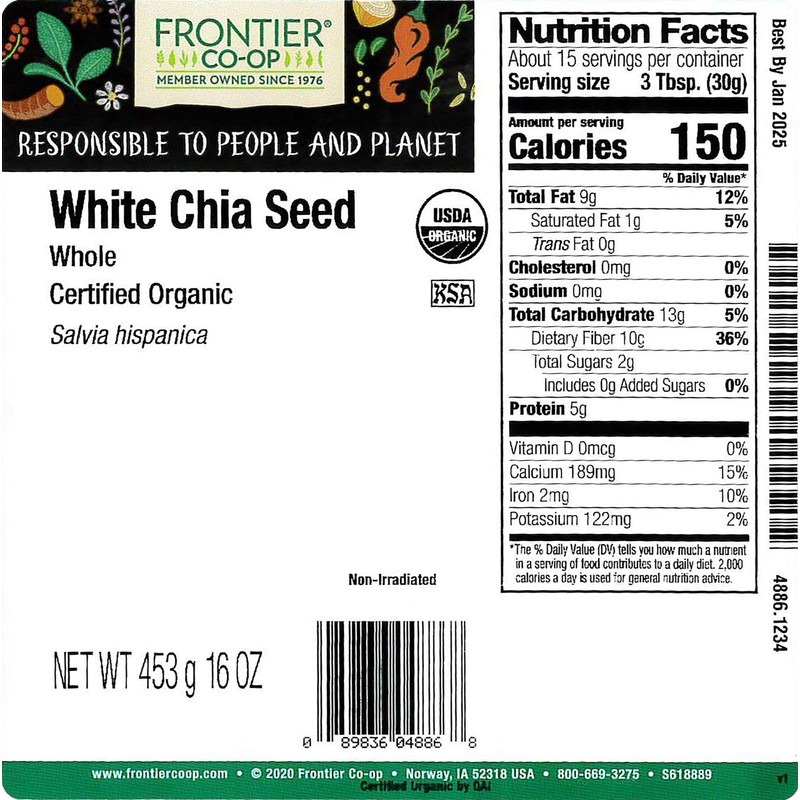 Frontier Co-op Organic Chia Seeds, Whole, 16 Oz, Bulk Bag