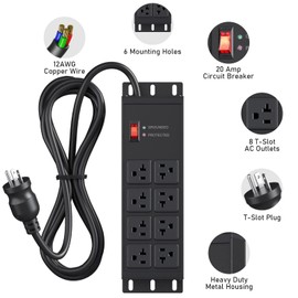 JUNNUJ Heavy Duty 20 Amp Surge Protector 4800J, Garage Metal 8 Outlets 12 Gauge, High Amp 5-15P Adapter Shop 6-20R T-Slot Industrial Outlet, 4 FT Extension Cord Commercial for Appliance