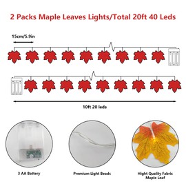 2 Pack Maple Leaf Light, Fall Decorations For Home, Total 20ft 40Led,Multicolor Fall Leaves String Lights,Fall Garland With Lights, Autumn Thanksgiving Decoration, 2 Modes,Battery Operated(Warm White)