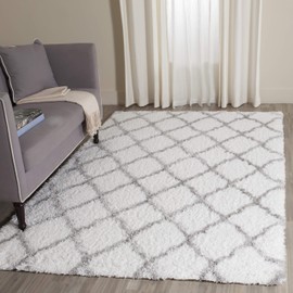 SAFAVIEH Indie Shag Collection SGI322P Trellis Non-Shedding Living Room Bedroom Dining Room Entryway Plush 2-inch Thick Area Rug, 4' x 6', Ivory / Grey