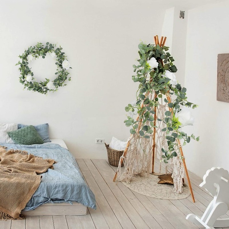 Famibay Artificial Eucalyptus Garland with Roses 1Pc 5.9Ft Greenery Garland
