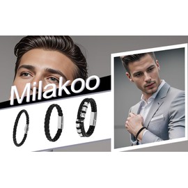 MILAKOO Silver Clasp PU Bracelets for Men Wrap Multi-layer Braided Leather Cuff Bangle Wristband
