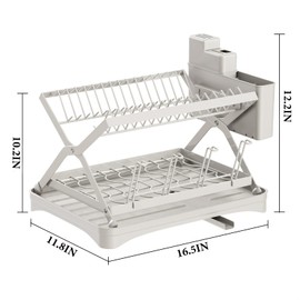 SZRUNZHU Dish Drying Rack - Collapsible & Rustproof, Dish Rack for Kitchen Counter， 2-Tier Dish Rack with Drainboard, Wine Glass Holder & Utensil Holder, X-Shaped Foldable, White