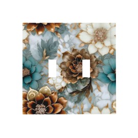Spshian Vintage Marble Floral Gold/Green/White Metal Flowers Double Toggle Light Switch Covers Decorative 2 Gang Wall Plate Cover Dual Device Electrical Switchplate Dimmer Faceplate for Bathroom Decor
