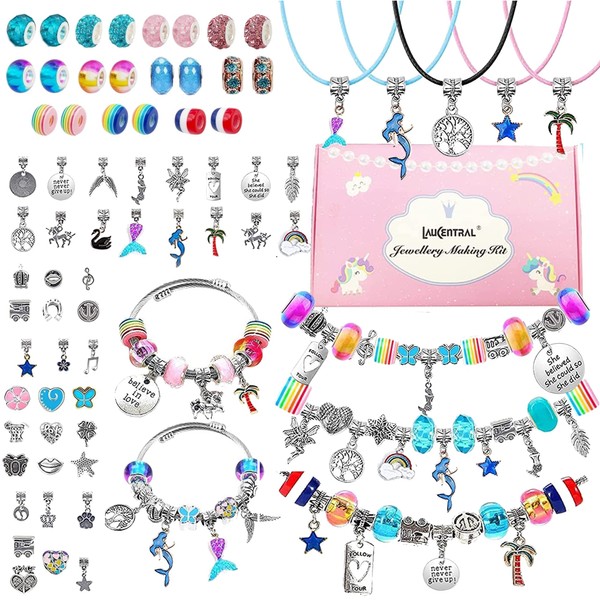 LauCentral 73 Pieces Charm Bracelet Making Kits, Jewelry Making Supplies Beads DIY Crafts Set with Snake Chain String for Christmas Gifts for Girls Teens Children Age 5-12 (TY004-VC2)