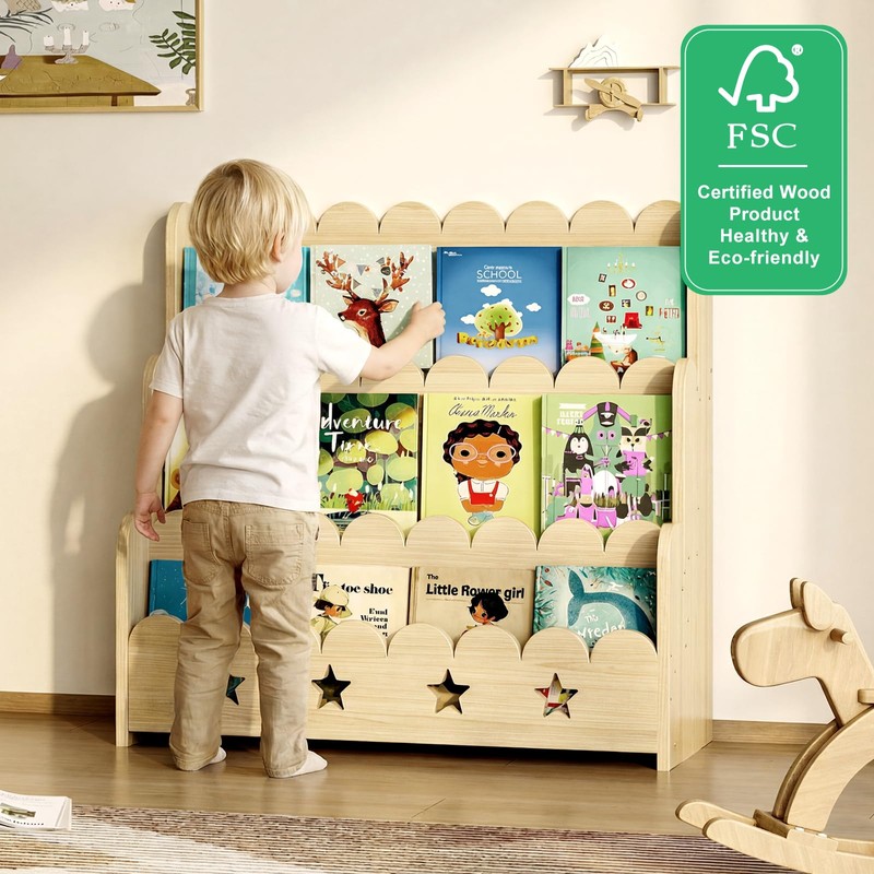 EXPERLAM Scalloped Bookshelf for Kids, 3-Tier Front Facing Book Display