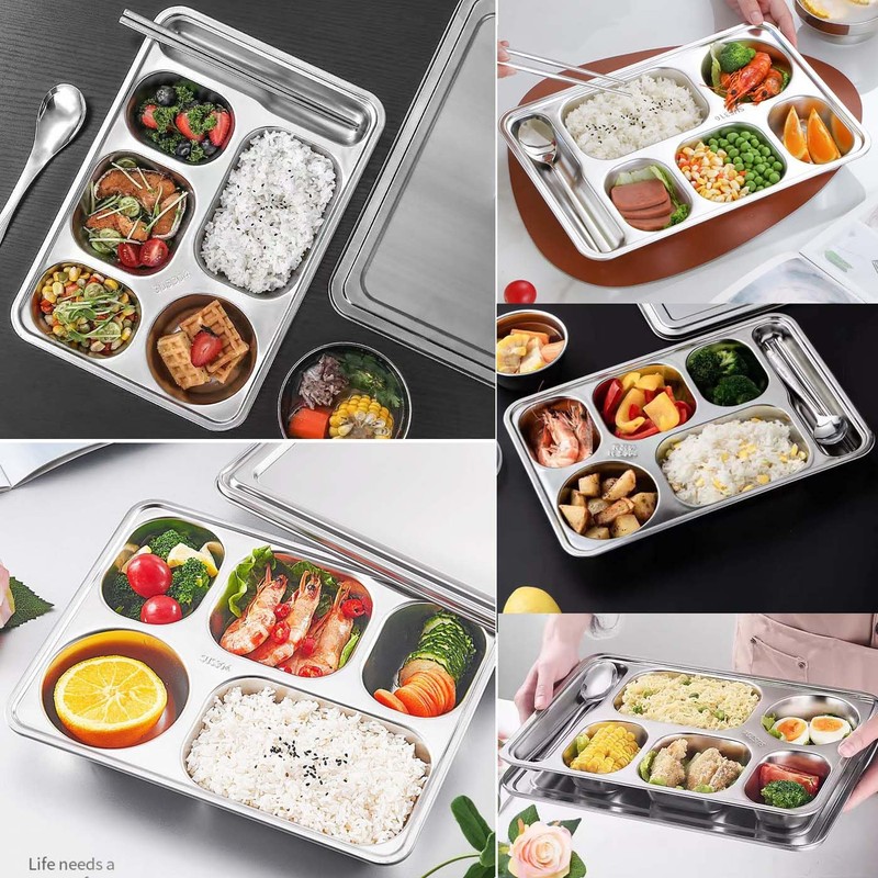 AIYoo 2 Pack Stainless Steel Divided Plates, Large 6 Sections