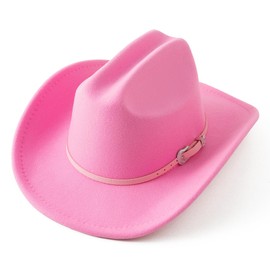 Jastore Kids Western Cowboy Hat for Girl Boy Wide Brim Beach Cowgirl Hat with Belt Buckle Cattleman Cowboys Hats (US, Age, 5 Years, 10 Years, Dark Pink)
