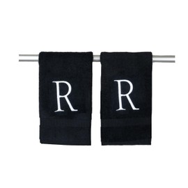 White and Black Monogrammed Hand Towel - Monogram Initial Hotel Quality Decorative Embroidered Luxury Towel for Powder Room, Spa - GOTS Organic Certified - Set of 2 Letter R