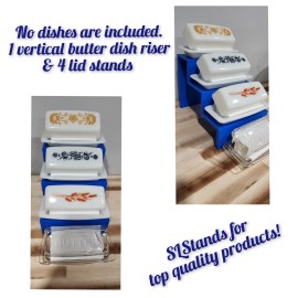 PYREX Full set of 5 ~ Blue PYREX Vertical Butter Dish Riser & 4 Dish Stands Rare HTF