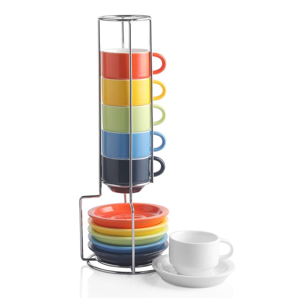 SWEEJAR Porcelain Espresso Cup & Saucer Set, Stackable Demitasse Cups with Metal Stand, 2.5 OZ for Latte,Coffee,Cafe Mocha,Tea, Set of 6(Multi)