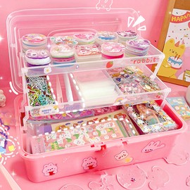 ERANC DIY Sticker Kit - Waterproof Cartoon Stickers with Box for Kids and Teens, Reusable and Apply Decoration for Water Bottle, Laptop, Phone, and More (Pink-599 Pcs)