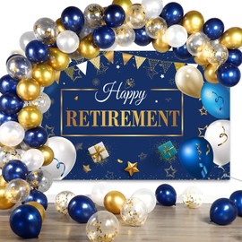 BERNOI Retirement Party Decorations Include Navy Blue Confetti Balloons Set Happy Retirement Party Photography Backdrop Banner for Men Women Retirement Party Supplies Decor(Navy Blue and Gold)