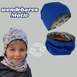 HECKBO Children's Beanie Hat & Scarf Tube Scarf Set - Girls Boys - 95% Cotton - Autumn Spring Winter, Cars