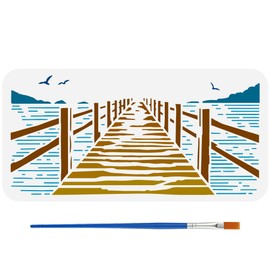 FINGERINSPIRE Ocean Marina Stencil with Brush 5.9x11.8inch Rectangle Bridge Dock Template Reusable Mountains Birds Stencil Plastic Architecture Theme Template for Home Wall Furniture Decoration
