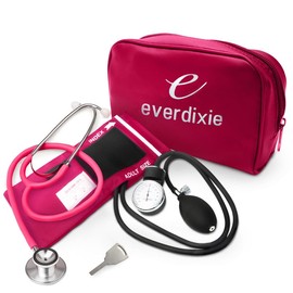 Dixie EMS Aneroid Sphygmomanometer and Dual Head Stethoscope Set with Adult Size Blood Pressure Cuff, Calibration Key and Carrying Case – Pink