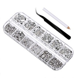 2000 Pcs Flat Back Gems Round Crystal Rhinestones 6 Sizes 1.5-6 mm with Pick Up Tweezer and Rhinestones Picking Pen for Crafts Nail Clothes (White)