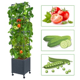 LINEX Raised Garden Bed Planter Box with Trellis, 56.7” Tomato Planters for Climbing Plants Vegetable Vine Flowers Outdoor Patio, Tomatoes Cage w/Self-Watering & Wheels