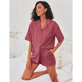 Ekouaer Pajamas for Women Waffle Knit Lounge Set Button Down Loungewear Soft Short Sleeve Pjs Shorts Set,Fuchsia,S