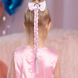 YISSION 6Pcs Hair Ties for Girls, 15 Inch Colorful Braid Hair Extensions for Kids, Bow Butterfly Braided Hair Extension with Rubber Bands, Hair Accessories for Girls Gift Party Cosplay