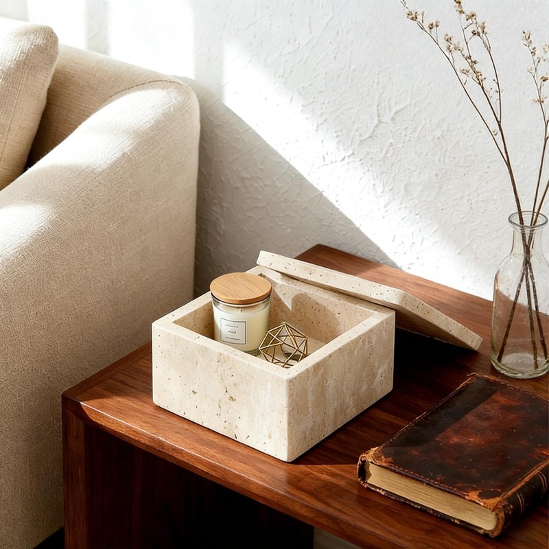 Artisanal Abode Natural Marble Storage Square Containers Cotton Swab Holder,