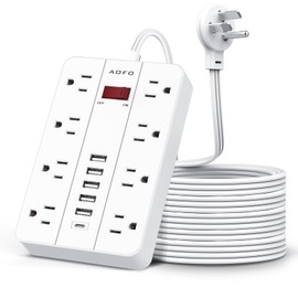 15ft Extension Cord Long Power Strip,AOFO 8 Widely-Spaced Outlets & 6 USB Ports Flat Plug Power Strip,Power Cord for Wall Mountable and Desktop White