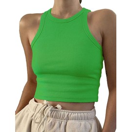 Artfish Women Casual Basic Sleeveless High Neck Rib-Knit Front Racerback Crop Tank Top (01# Kelly Green, L)