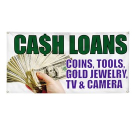 Vinyl Banner Multiple Sizes Ca$H Loans Coins Gold Jewelry Tv. Business Outdoor Weatherproof Industrial Yard Signs 10 Grommets 60x144Inches