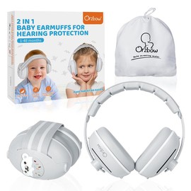 2-in-1 Baby Ear Protection for Babies Infant up to 48 Months, Baby Noise Cancelling Headphones with Cute Bear Design, Ear Muffs Noise Protection with Non-Slip Band for Airplane Travel Sleep, Gray - Color: White