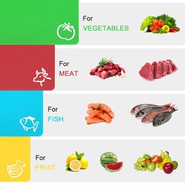 Vicloon chopping board colour plastic chopping board with food icons and easy grip handles, antibacterial non-slip, dishwasher safe, fish, vegetable, fruit, meat, bread.