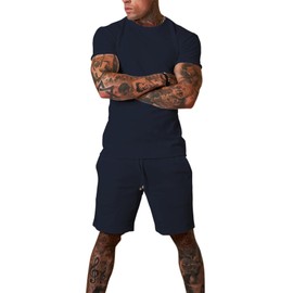 Redqenting - Pantalones cortos casuales para hombre de 8 pulgadas con bolsillos, pantalones cortos deportivos con cordón, pantalones cortos de verano para salón de gofre (talla 28 a 40), marino, 40