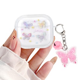 Newseego Case Compatible with AirPods 3rd Generation, Cute Colorful Butterfly Print Pattern with Bell Pendant for Girls Women Full Body Shockproof Protective Charging Pod Cover for AirPods 3 Gen
