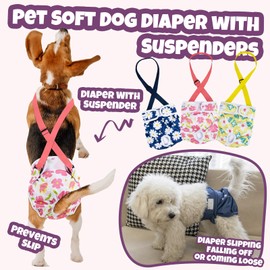 Pet Soft Washable Female Dog Diapers with Adjustable Suspenders (3 Pack) Escape-Proof & Super Absorb Reusable Diapers for Heat, Training Incontinence Breathable Secure Fit for Girl Dogs (Flowers, L)