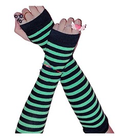 Stripe Fingerless Arm Glove Sleeve Cuffs Cute Kawaii Hip Hop Arm Warmers Sun Protective For cycling Costume JK uniform (green black) Medium