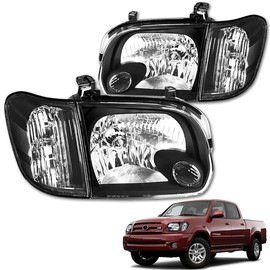 TLAPS 7422439726703 Compatible With 2005-2006 Toyota Tundra Double (Crew) Cab / 2005-2007 Sequoia Black Housing Headlights With Signal Corner Lamps 4-Pieces Design
