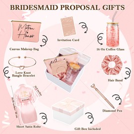 Irenare 8 Pcs Matron of Honor Proposal Gifts Set Robes Makeup Bag Cup Cards Hair Tie Bracelet Diamond Pen Bridesmaid Gift Box
