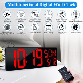 Large Digital Wall Clock with Remote Control 17.2" LED Large Display Timer with Temperature Date Week Auto DST Adjustable Brightness, Big Wall Alarm Clock for Living Room Office Garage Gym Seniors