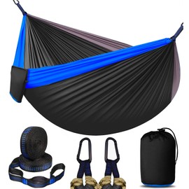 Double Camping Hammock, Two Person Hammocks with 2 Tree Straps(16+2 Loops), Portable Lightweight Hammock with 210T Nylon Parachute for Backpacking, Outdoor, Beach, Travel, Hiking, Gear - Black Blue
