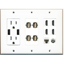 RiteAV - (3 Gang Outlet with 2X USB Charger 4 HDMI Coax Cat5e 4 USB A-A Wall Plate White