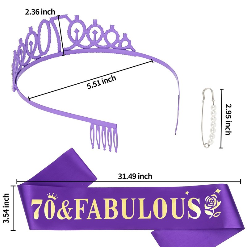 YARIEW Purple Crown + 70th Celebration Sash, Pearl Pin, and