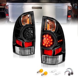 AmeriLite for 2005-2015 Toyota Tacoma Black LED OE Style Rear Brake Lamp Replacement Taillights w/Bulbs Socket Set - Passenger and Driver Side