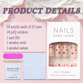 Valentines Day Press on Nails Long Square Pink French Tip Fake Nails Flash Nude Full Cover Heart False Nails with Designs Glossy Glue on Nails Acrylic Nails Artificial Nails for Women Girls 24Pcs