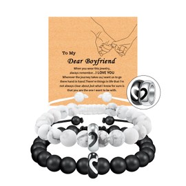 SUNSH Couples Bracelets Valentine's Day Gifts Matching Bracelet for Couples Boyfriend and Girlfriend White Black Stone Love Ring Distance Adjustable Bracelet to My Dear Boyfriend