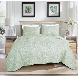 Chezmoi Collection Medina 2-Piece Tranquil Leaf Quilt Set Twin - Soft Green White Leaves Printed Microfiber Lightweight Bedspread Set for All Season