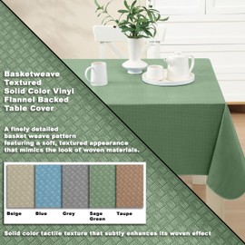 Newbridge Basketweave Solid Color Vinyl Flannel Backed Tablecloth, Basket Weave Textured Look Indoor/Outdoor Waterproof Tablecloth, Patio and Kitchen Dining, 52 Inch x 52 Inch Square, Sage
