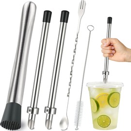 6Pcs Straw Puncher and Muddler Spoon Set for Plastic Lids Lemonade Cups 304 Stainless Steel Straw Hole Puncher Punching Tools for Cafe Drinks Fresh Squeezed Lemonade Stands Supplies