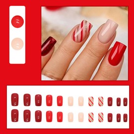 24 Pcs Red Press on Nails Medium Square - YEFIUO Winter Square Fake Nails Press ons Glitter Nail with Design Full Cover False Nails Glue on Nails Stick on Nails Artificial Acrylic Nail Art Kit