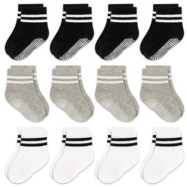 Calcetines antideslizantes para bebés pequeños, 12 pares de calcetines para recién nacidos con agarre para niños pequeños, calcetines antideslizantes para niños de 0 a 7 años, #2 Black+Light